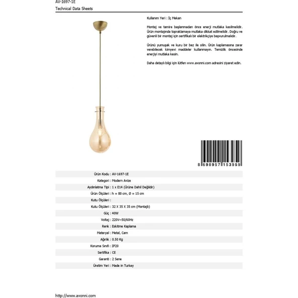 Avonni AV-60092-1E Eskitme Kaplama Modern Avize E14 Metal Cam 15cm - 4