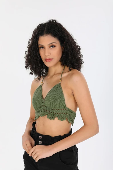 Örgü Kroşe Sırt Bağlamalı  Yeşil Şık Kadın Örme Kuplu Bralet Büstiyer - 4