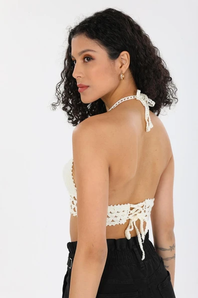 Örgü Kroşe Sırt Bağlamalı  Krem Şık Kadın Örme Kuplu Bralet Büstiyer - 5