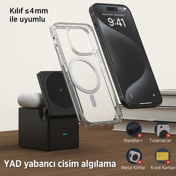 Qasul yeni nesil küp tasarımlı telefon & akıllı saat & kulaklık için 3in1 kablosuz şarj standı - 3