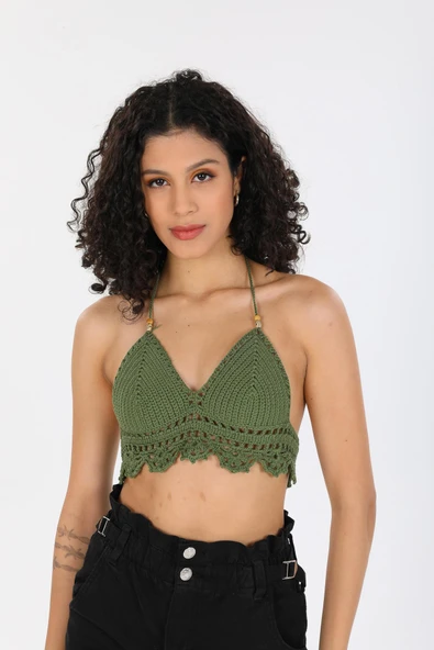 Örgü Kroşe Sırt Bağlamalı  Yeşil Şık Kadın Örme Kuplu Bralet Büstiyer - 3