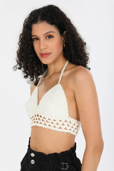 Örgü Kroşe Sırt Bağlamalı  Krem Şık Kadın Örme Kuplu Bralet Büstiyer - 3