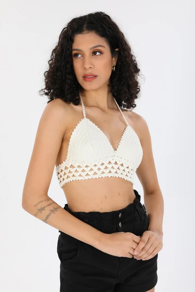 Örgü Kroşe Sırt Bağlamalı  Krem Şık Kadın Örme Kuplu Bralet Büstiyer - 4