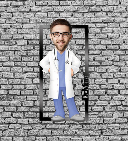 Kişiye Özel Ahşap Üzerine Karikatür Resim Baskı - Doktor ürün görseli 1