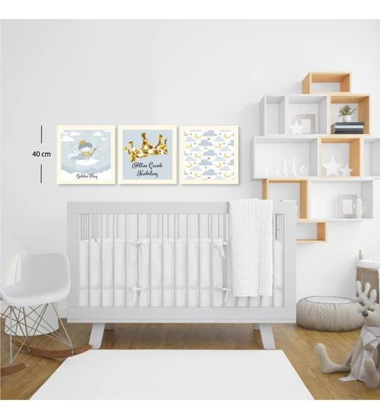 3 Parça Çocuk Odası Altın Çocuk Duvar Süsü Ahşap - Resim 2