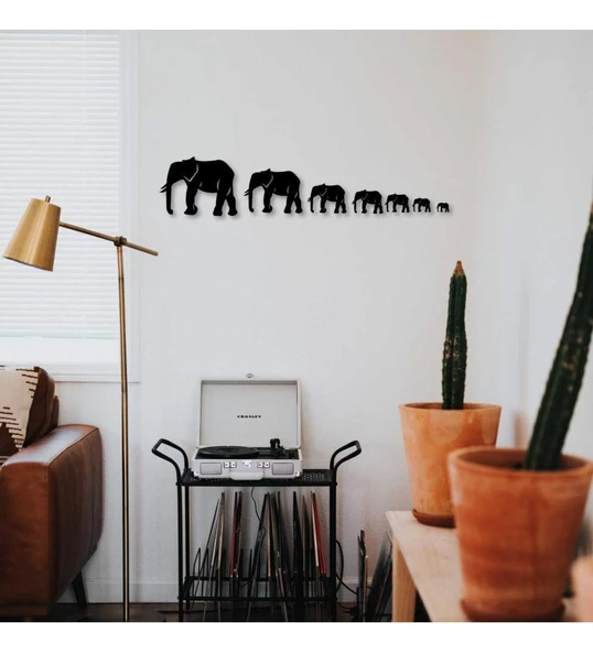 Sıralı Filler Görünümlü 7 Fil Siyah Ahşap MDF Tablo - Resim 3