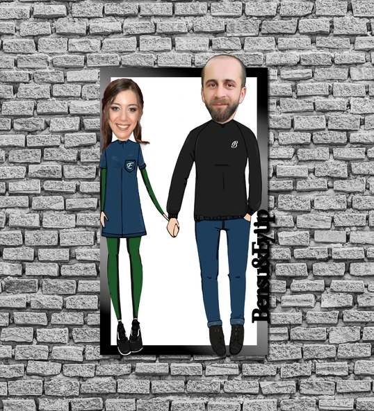 Kişiye Özel Ahşap Üzerine Karikatür Resim Baskı - Çiftlere Özel ürün görseli 1