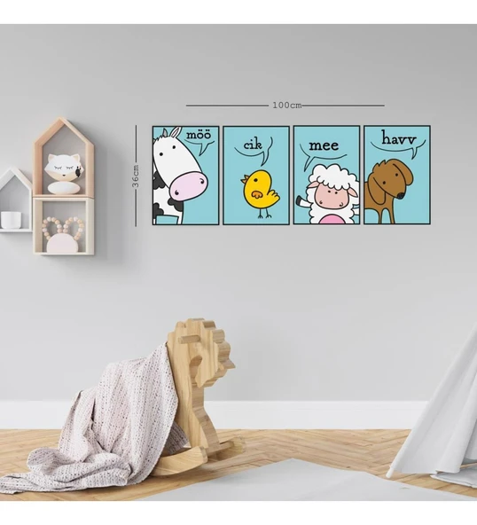 4 Parça Çocuk Odası Sesli Hayvanlar Renkli Ahşap Tablo - Resim 2