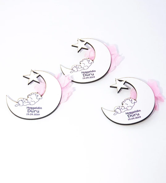 İsme Özel Ay Yıldız Türkiye Ahşap Hoşgeldin Bebek Magnet 50 Adet ürün görseli 1