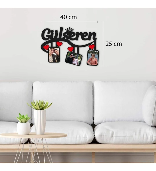 Kişiye Özel 3 Fotoğraflı İsim Yazılı Kalpli Ahşap Tablo - 1