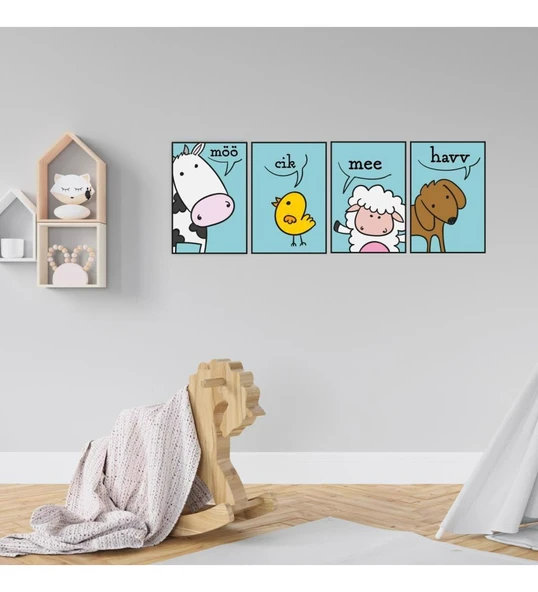 4 Parça Çocuk Odası Sesli Hayvanlar Renkli Ahşap Tablo ürün görseli 1
