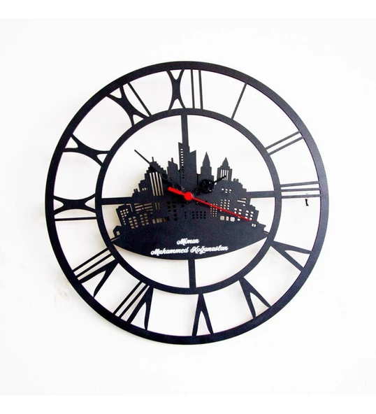 İsme Özel Dekoratif Özel Kesim Şehir Tasarım Siyah MDF Saat ürün görseli 1