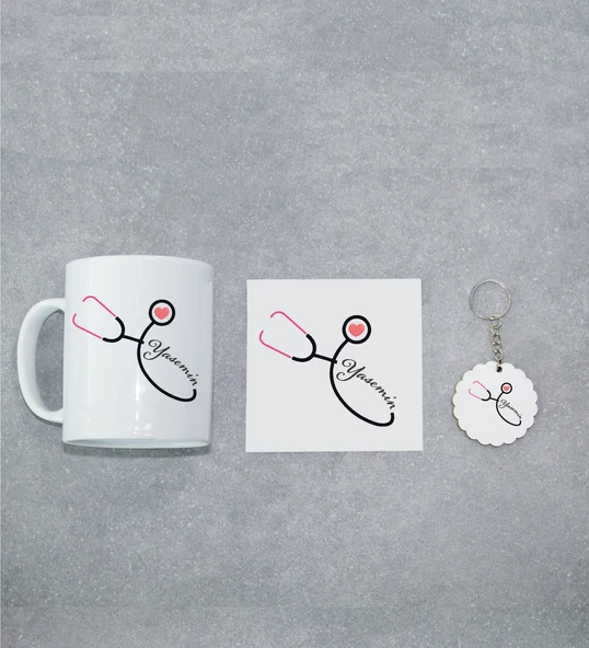 Doktora Özel İnci Beyazı Kupa Bardak, Altlığı ve Anahtarlık Seti ürün görseli