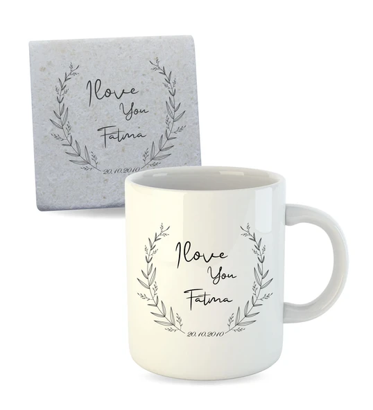 Sevgiliye Özel ve İsme Özel İnci Beyazı Porselen Kupa Bardak ve Bardak Altlığı ürün görseli 1