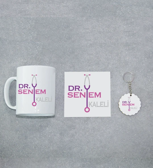 Doktora Özel İnci Beyazı Kupa Bardak, Altlığı ve Anahtarlık Seti ürün görseli