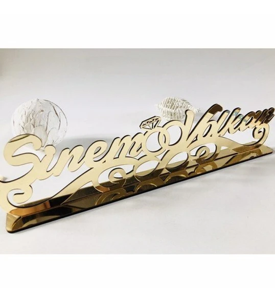 Gold Ayna Pleksi İsimlik Kalpli Söz, Nişan, Düğün Masa Üstü İsimlik ürün görseli 1