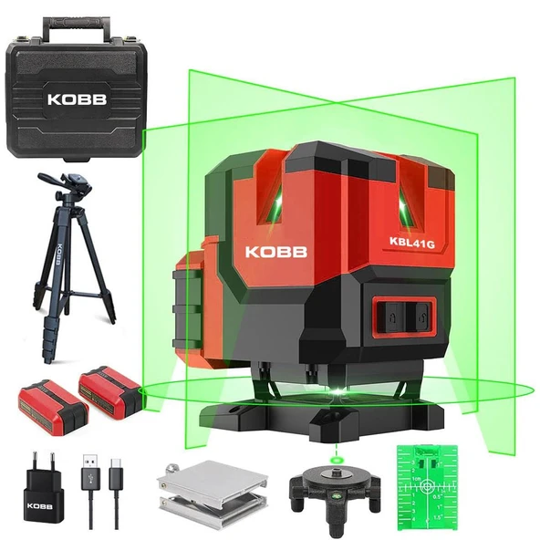 KOBB KBL41GTP 30M 4x90⁰/1x360⁰ Otomatik Hizalamalı Li-ion Çift Akü Profesyonel Yeşil Çizgi Lazer Distomat + Tripod