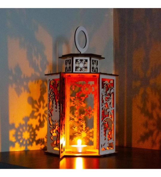 Yılbaşı Tasarımlı Özel Mumluk Altıgen Beyaz Ahşap - Resim 2