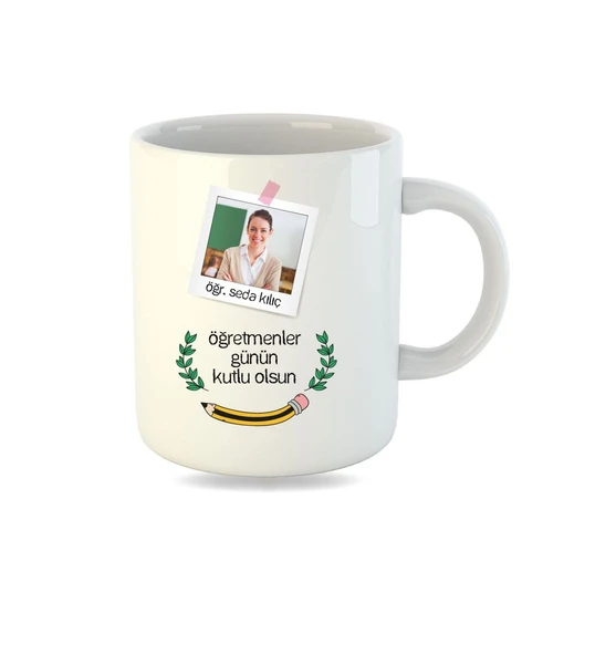 Öğretmenler Gününe Özel Fotoğraflı ve İsme Özel İnci Beyazı Kupa Bardak ürün görseli
