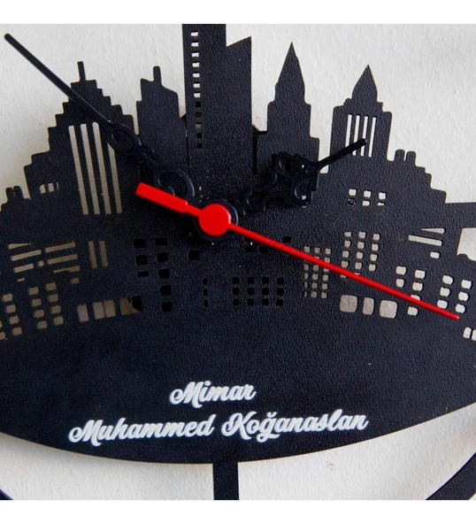 İsme Özel Dekoratif Özel Kesim Şehir Tasarım Siyah MDF Saat - Resim 2