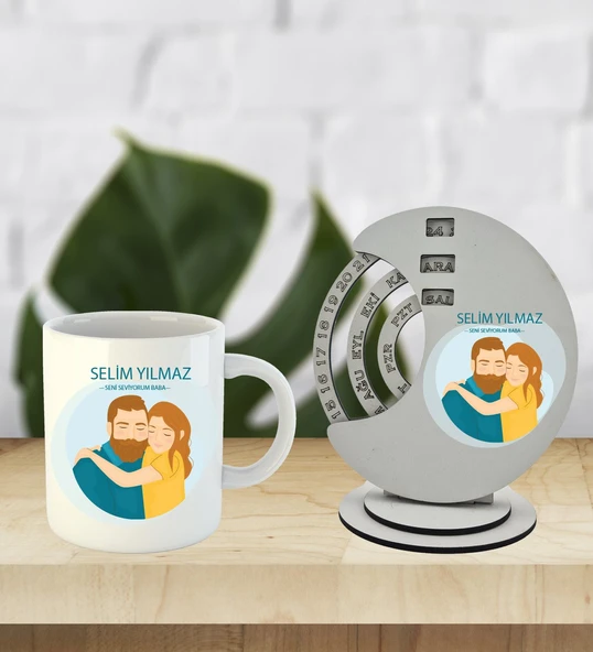 Babalar Günü Özel Kişiselleştirilebilir Ahşap Döner Takvim Ve Kupa ürün görseli 1