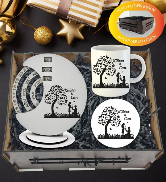 Kişiye Özel Sevgililer Günü Temalı Döner Takvim Kupa Ve Kupa  Altlığı  Hediye Sepeti ürün görseli 1