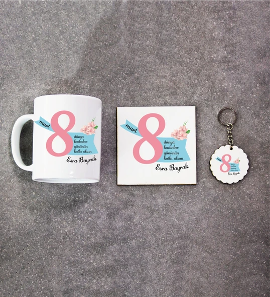Kadınlar Gününe Özel Kupa Bardak, Ahşap Altlık ve Anahtarlık - 8 ürün görseli 1