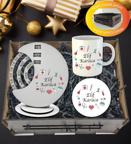 Kişiye Özel Doktor , Hemşire Temalı Döner Takvim Kupa Ve Kupa  Altlığı  Hediye Sepeti ürün görseli 1