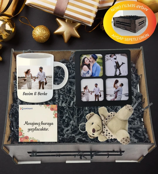 Sevgililer Gününe Özel Tasarlanabilir Kupa Çerçeve Ve Ayıcık  Anahtarlıklı Hediye Sepeti ürün görseli 1