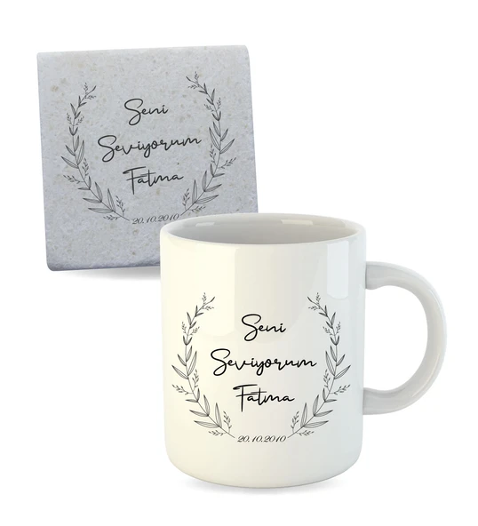 Sevgiliye Özel ve İsme Özel İnci Beyazı Porselen Kupa Bardak ve Bardak Altlığı ürün görseli 1