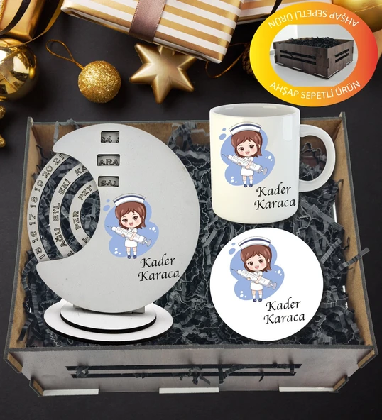Kişiye Özel Doktor , Hemşire Temalı Döner Takvim Kupa Ve Kupa  Altlığı  Hediye Sepeti ürün görseli 1