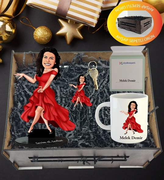 Kişiye Özel Karikatür , Anahtarlıklı Kupa Hediye Sepeti ürün görseli 1