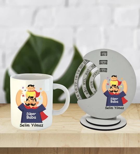 Babalar Günü Özel Kişiselleştirilebilir Ahşap Döner Takvim Ve Kupa ürün görseli 1