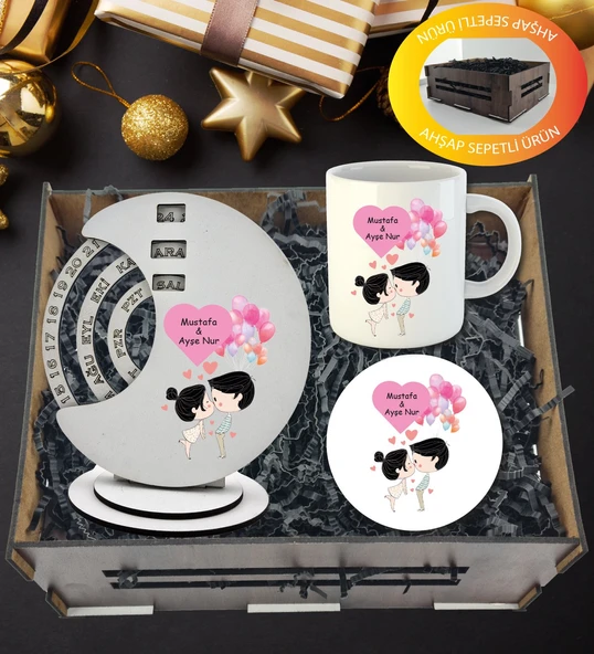 Kişiye Özel Sevgililer Günü Temalı Döner Takvim Kupa Ve Kupa  Altlığı  Hediye Sepeti ürün görseli 1