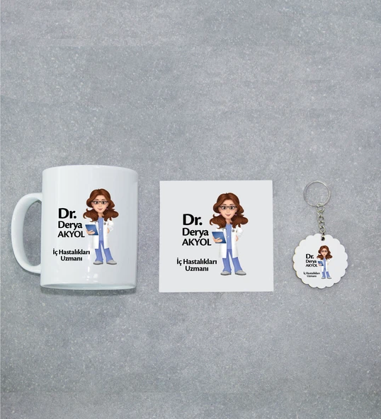 Doktora Özel İnci Beyazı Kupa Bardak, Altlığı ve Anahtarlık Seti ürün görseli