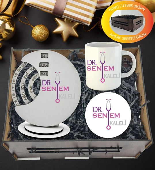 Kişiye Özel Doktor , Hemşire Temalı Döner Takvim Kupa Ve Kupa  Altlığı  Hediye Sepeti ürün görseli 1