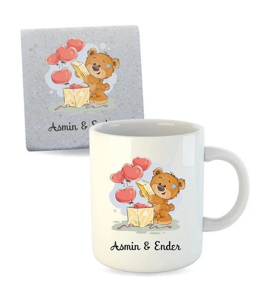 Sevgiliye Özel ve İsme Özel İnci Beyazı Porselen Kupa Bardak ve Bardak Altlığı ürün görseli 1