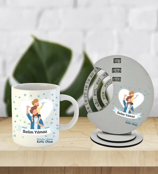 Babalar Günü Özel Kişiselleştirilebilir Ahşap Döner Takvim Ve Kupa ürün görseli 1