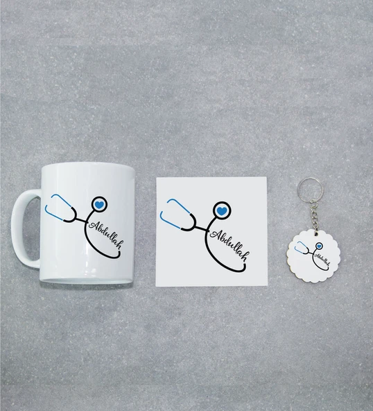 Doktora Özel İnci Beyazı Kupa Bardak, Altlığı ve Anahtarlık Seti ürün görseli