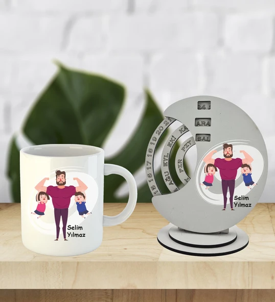 Babalar Günü Özel Kişiselleştirilebilir Ahşap Döner Takvim Ve Kupa ürün görseli 1