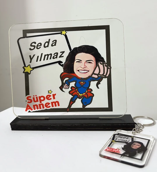Anneler Günü Özel Süper Anne Karikatür Pleksi Plak Tablo Anahtarlık Hediyeli - 1