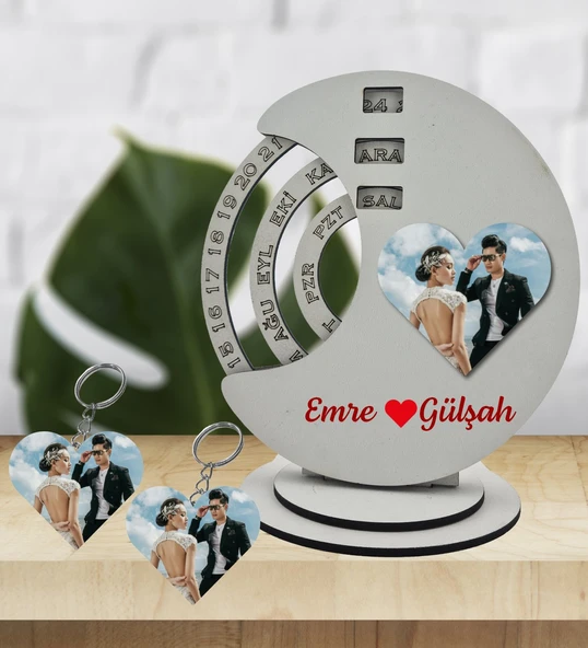 Sevgililer Gününe Özel Fotoğraflı Ahşap Takvim Ve Kalp Anahtarlık ürün görseli 1