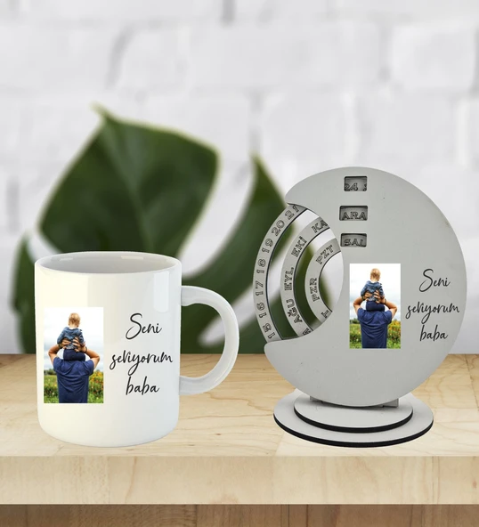 Babalar Günü Özel Kişiselleştirilebilir Ahşap Döner Takvim Ve Kupa ürün görseli 1