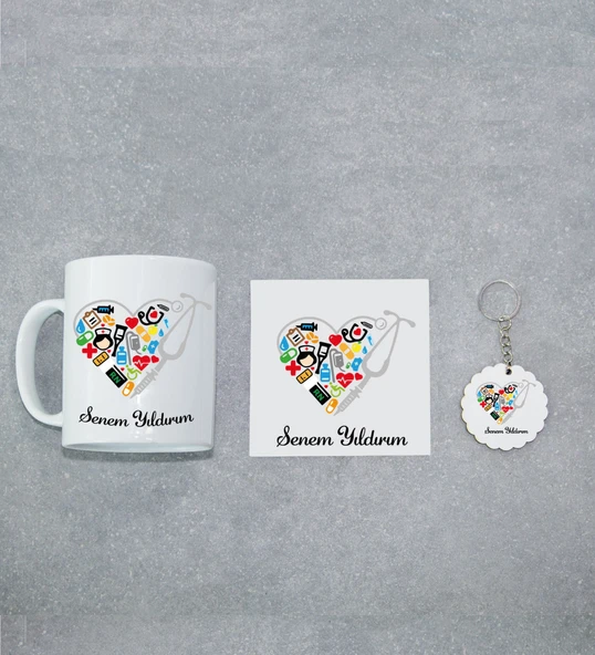 Doktora Özel İnci Beyazı Kupa Bardak, Altlığı ve Anahtarlık Seti ürün görseli