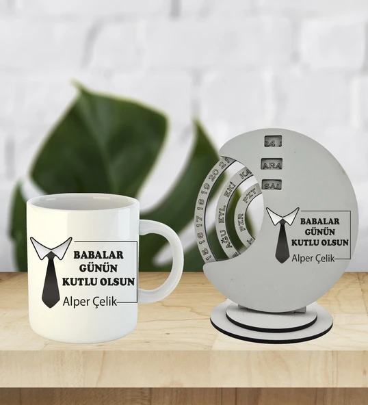 Babalar Günü Özel Kişiselleştirilebilir Ahşap Döner Takvim Ve Kupa ürün görseli 1