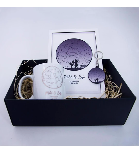 Kişiye Özel Yıldız Haritası Kutu Seti Anahtarlık Beyaz Çerçeveli Tablo Bardak Sü ürün görseli 1
