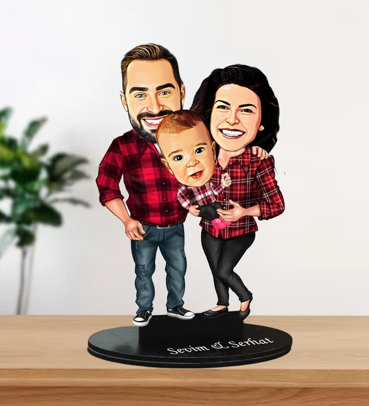 Kişiye Özel Çocuklu  Çift Karikatür Biblo ürün görseli 1