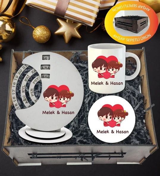 Kişiye Özel Sevgililer Günü Temalı Döner Takvim Kupa Ve Kupa  Altlığı  Hediye Sepeti ürün görseli 1