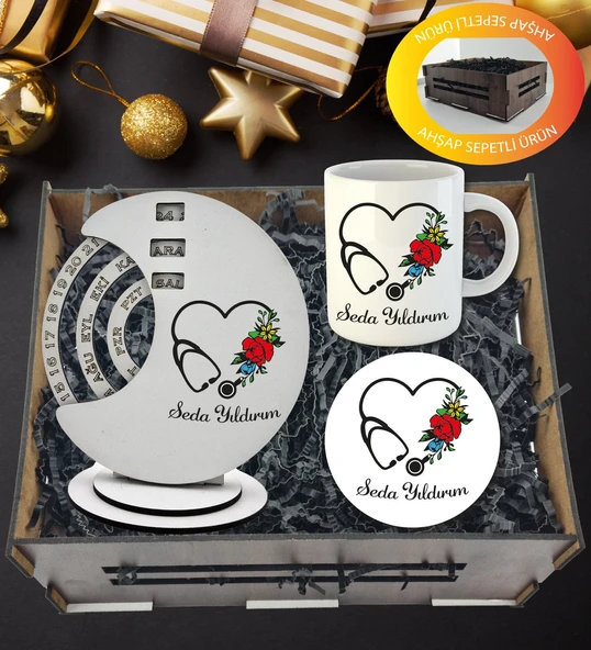 Kişiye Özel Doktor , Hemşire Temalı Döner Takvim Kupa Ve Kupa  Altlığı  Hediye Sepeti ürün görseli 1