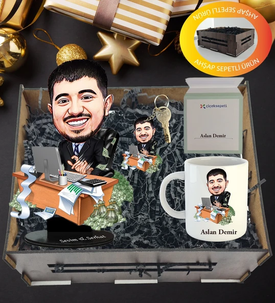 Kişiye Özel Karikatür , Anahtarlıklı Ve Kupa Hediye Sepeti ürün görseli 1
